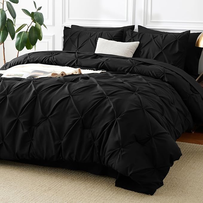 King Size Comforter Set Black, 7 Pieces Pintuck Bed in a Bag | OEKO-TEX 100 Certified, 240GSM All Season, Bedroom, Guest Room, Down-Alternative Comforter, Sheets, Pillowcases & Shams