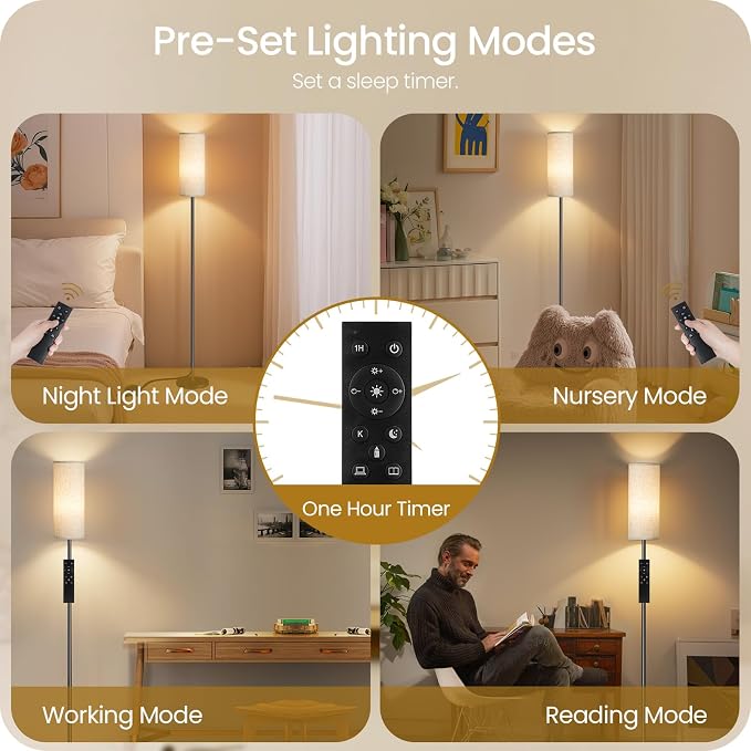 Set of 2 Slim Floor Lamps for Living Room with 2 Magnetic Remotes and Foot Switch, Dimmable Standing Lamp Mood for Bedroom Nursery, 3 Color Temperatures, 1-Hour Timer, 900LM Bulb Included, Beige Shade