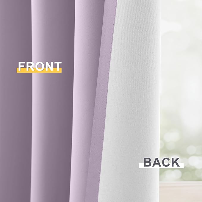 Yakamok Lilac 100% Blackout Curtains 96 Inches Long for Bedroom 50" Wide | Blackout Curtain Panels for Bedroom, 2 Thick Layers Grommet Top Thermal Insulated Drapes with White Back for Living Room