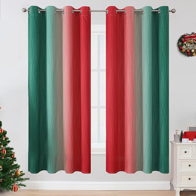 Red and Green Ombre Blackout Curtains 52Wx72L 2 Panels | Ombre Christmas Curtains for Living Room,Thermal Insulated,Room Darkening,Energy Saving,Grommet Window Drapes for Bedroom