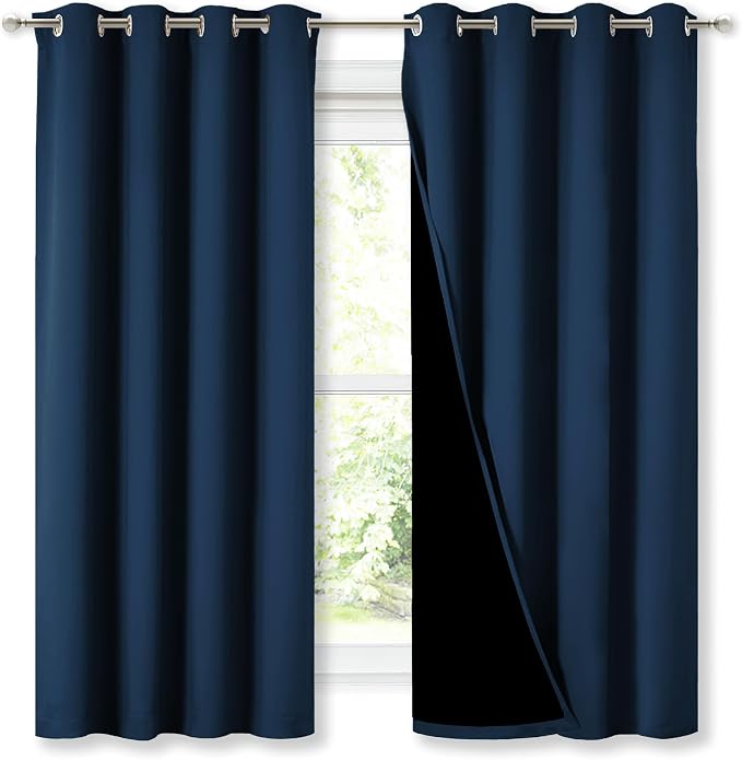 NICETOWN Moroccan Blue Blackout Curtains for Bedroom 52" w x 63" L 2 Panels | 100% Room Darkening with Black Liners Thermal Insulated 2-Layer Lined Drapes, Energy Efficiency Window Draperies Home Decor