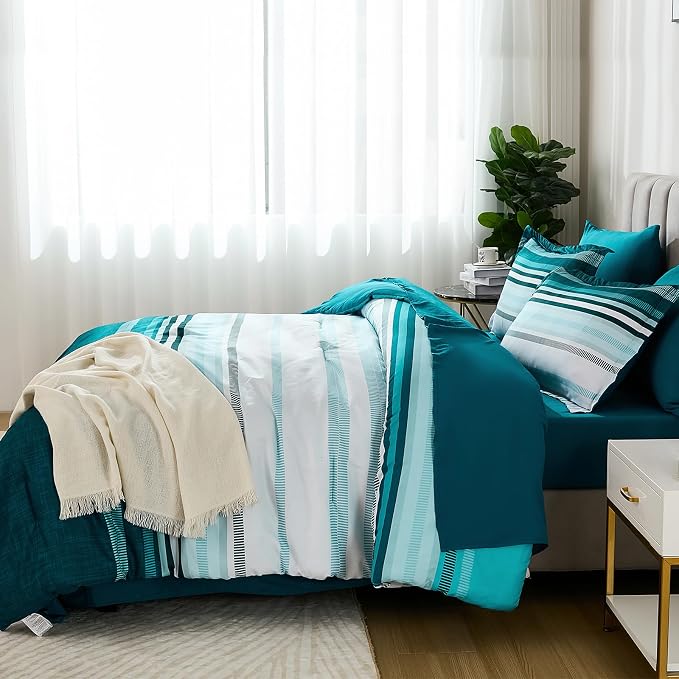 Dobuyly Teal Comforter California King Size 7 Pieces, Blue Boho Striped Bed in a Bag Set Soft Microfiber All Season Bedding Set with Comforter, Sheets, Pillowcases & Shams