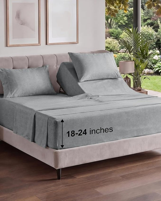 Flex Top Split Head King Sheet Set - 4 Piece Extra Deep - Heathered Grey | Easily Fits 18 to 24 inch Mattress, Ultra Soft, Wrinkle & Fade Free with Extra Deep Pockets, Comfy Hotel Luxury Bedding