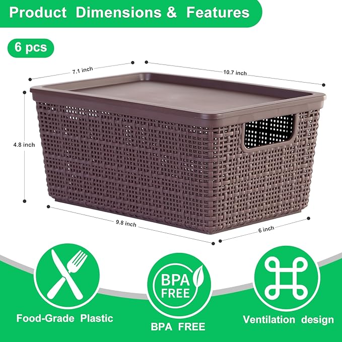 6 Pack Plastic Storage Baskets with Lid,Brown Stackable Bins | Durable Woven Plastic With handle Breathable,Save space ,For Organizing Desktops, Closets, Playrooms, Classrooms, Offices