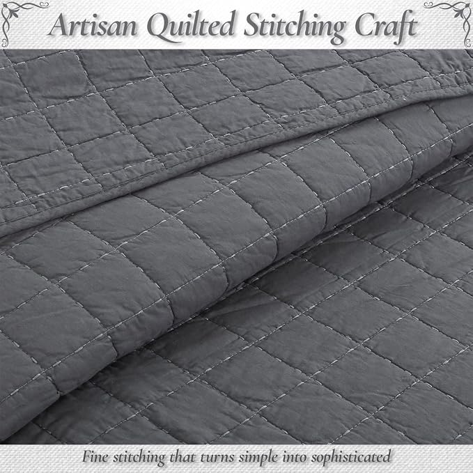 Cozy Line Home Fashions 100% Cotton Quilt Set – 3-Piece Charcoal Gray Solid Classic Modern Geometric Quilted Bedspread with Shams, Lightweight All Season Modern Bedding (Box Gray, Queen)