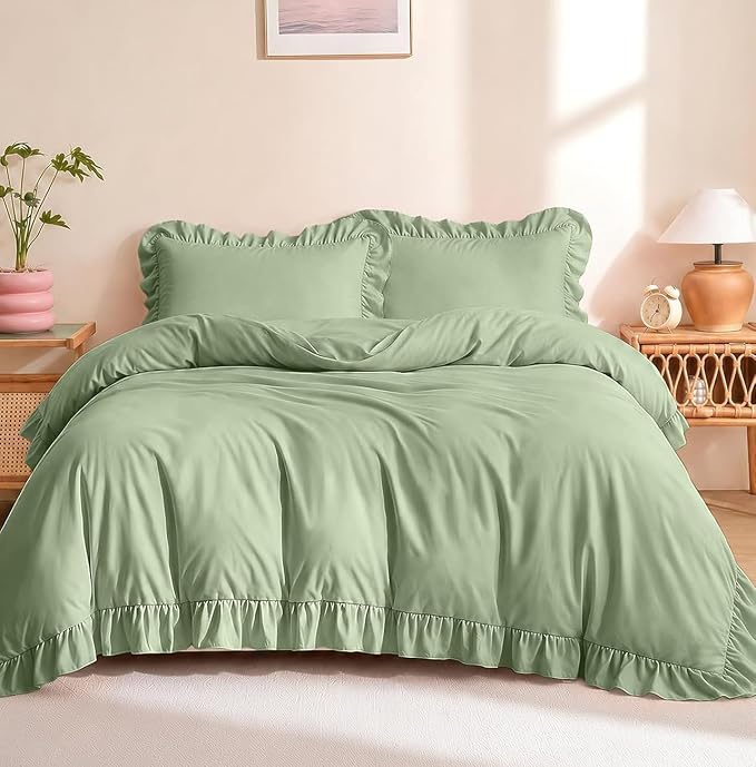 FUANNA Sage Green Duvet Cover Full Size 3 Pieces, Farmhouse Bedding | Ultra Soft 4-Inch Ruffle Duvet Cover Set with Corner Ties & 2 Pillow Shams, Vintage Bed Set for Women & Girls, No Comforter