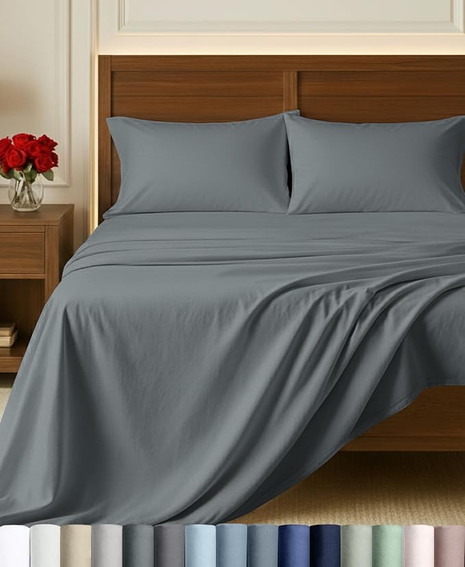 California Design Den Certified 100% Egyptian Cotton King Sheet Set, Grey | Backed by Good Housekeeping Seal, Light & Airy Soft Sateen, 16" Deep Pocket, All-Around Elastic, Durable, Easy Care 4pc Set