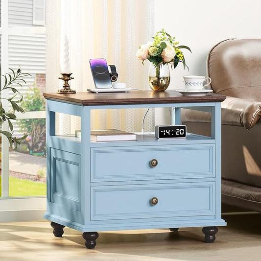 Joaxswe Farmhouse Nightstand with Charging Station, 24" Wide End Table with 2 Drawers, Light Blue Dresser for Bedroom,Wood Bed Side Table Chest of Drawers Cabinet,Night Stand for Living Room,Closet