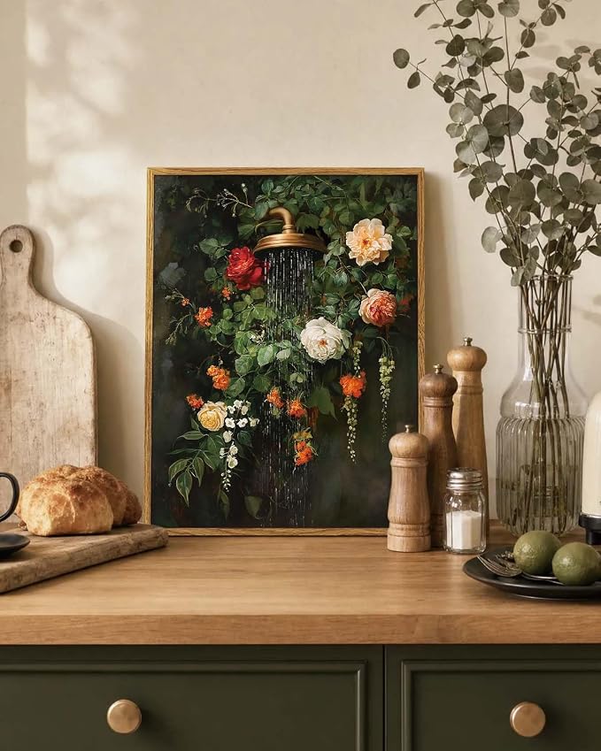 HUARCEY Vintage Floral Canvas Wall Art Framed 12"x16", Moody Botanical | Shower Wall Art,Rustic Flower Canvas Print, Antique Garden Bathroom Wall Decor for Bathroom Living Room Bedroom