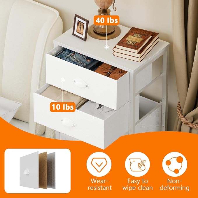 Furnulem White Tall Dresser for Bedroom, Chest of Drawer with Fabric Drawer | Tall Skinny Dresser with 7 Drawers, Metal Frame, Wooden Top, Dorm Vertical Closet, Bedside Furniture in Living Room