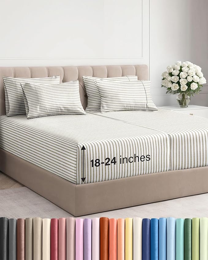 Extra Deep Split King Sheet Set - 7 Piece Cooling Sheets - Beige Stripes | Hotel Luxury Bed Sheets Set, Easy & Secure Fit, Ultra-Soft, Wrinkle & Fade Free, Comfy Sheets Set with Extra Deep Pockets