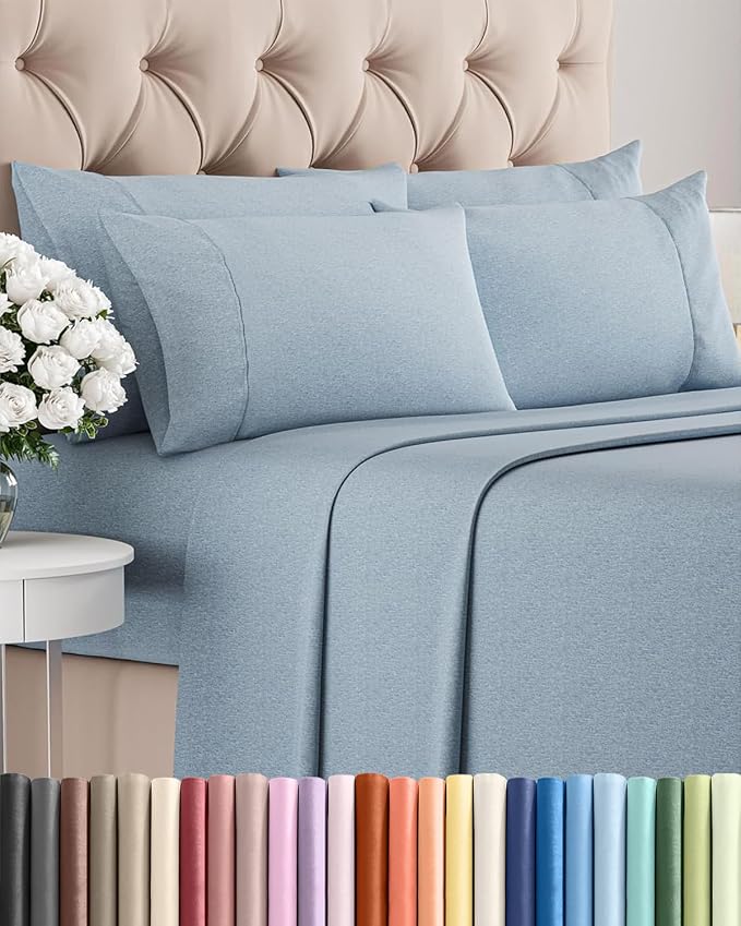 Full 6 Piece Bed Sheet Set - Breathable & Cooling Sheets - Heathered Blue | Ultra-Soft Hotel Luxury Bedding Set with 8-16 Inch Deep Pockets, 1 Flat & 1 Fitted Sheet & 4 Pillowcases, Wrinkle & Fade Free