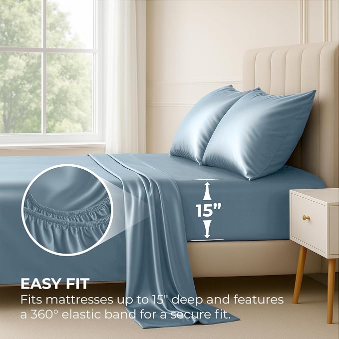 Satin Sheets Full [4-Piece, Skyblue] Hotel Luxury Silky Bed Sheets - Extra Soft 1800 Microfiber Sheet Set, Wrinkle, Fade, Stain Resistant - Deep Pocket Fitted Sheet, Flat Sheet, Pillow Cases