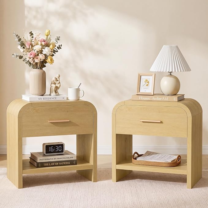 Night Stand Set of 2 [Unique Curved Profile] [FSC-Certified Wooden Board] 1-Drawer and 1 Storage Shelf Nightstand 24" H Metal Handle Modern Bedside Table Side Table End Table for Bedroom | [Curved Profile] [FSC-Certified Wooden Board] Nightstand 24" H ...
