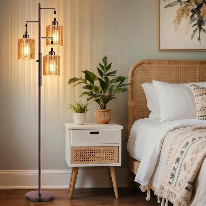 Hotsonic 72" Boho Rattan Tree Floor Lamp, Tall Dimmable Industrial Standing Lamp, Corner Decor Accent Lighting for Living Room, Bedroom, Dining Room, Nursery, Cafe (3 x 800LM Bulbs Included) - Brown