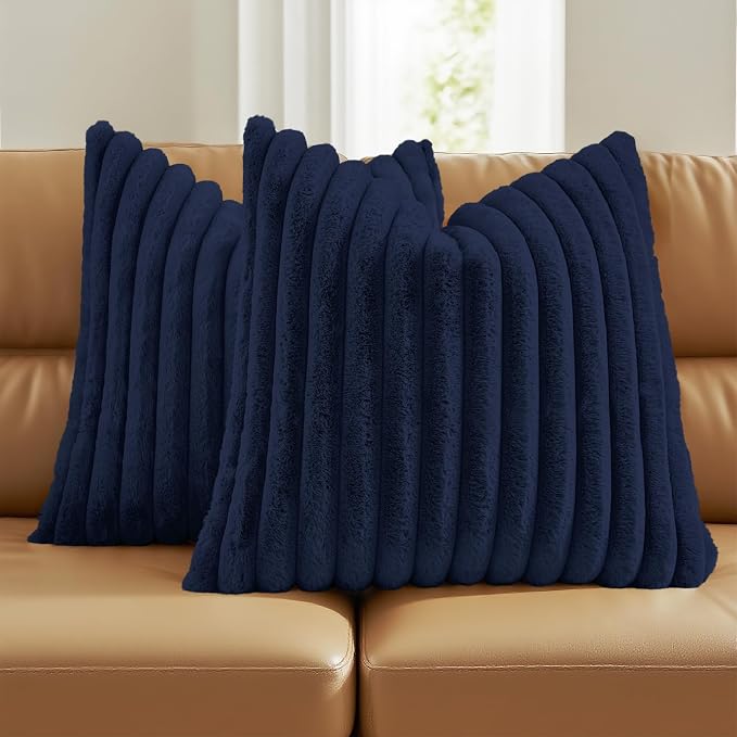 FUTEI Pack of 2 Faux Fur Throw Pillow Covers 22x22 Inch, Dark Navy | Fluffy Faux Rabbit Fur Front/Premium Velvet Back,Hidden Zipper,Machine Washable,Non-Shedding,Colorfast,Insert Not Included.