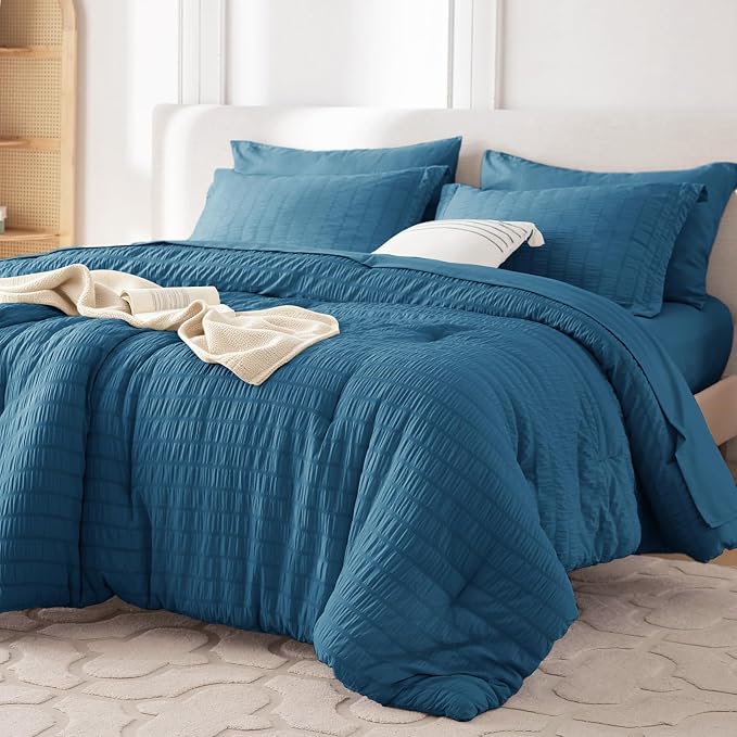 7 Pieces California King Comforter Set, Seersucker Bed in a Bag Cal King Size, All Season Luxury Bedding Set with Comforter, Flat Sheet, Fitted Sheet, Pillowcases & Shams, Teal