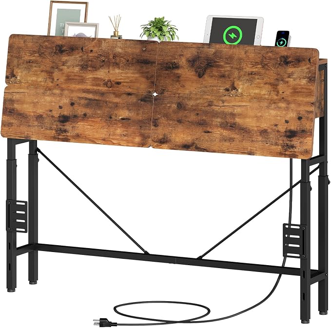 HOOBRO Height-Adjustable Headboard with Outlets, Headboard Full Size Only | Headboard with Storage, Outlets, USB Ports, Full Size Headboard Only, Metal Headboard with Adapters for Bed, Rustic Brown