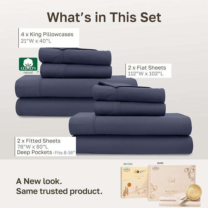 California Design Den 2-Pack Soft 100% Cotton Sateen King Sheet Set | 400 Thread Count Backed by Good Housekeeping Seal, 16" Deep Pocket, All-Around Elastic, Durable,Easy Care - Indigo Dusty Blue