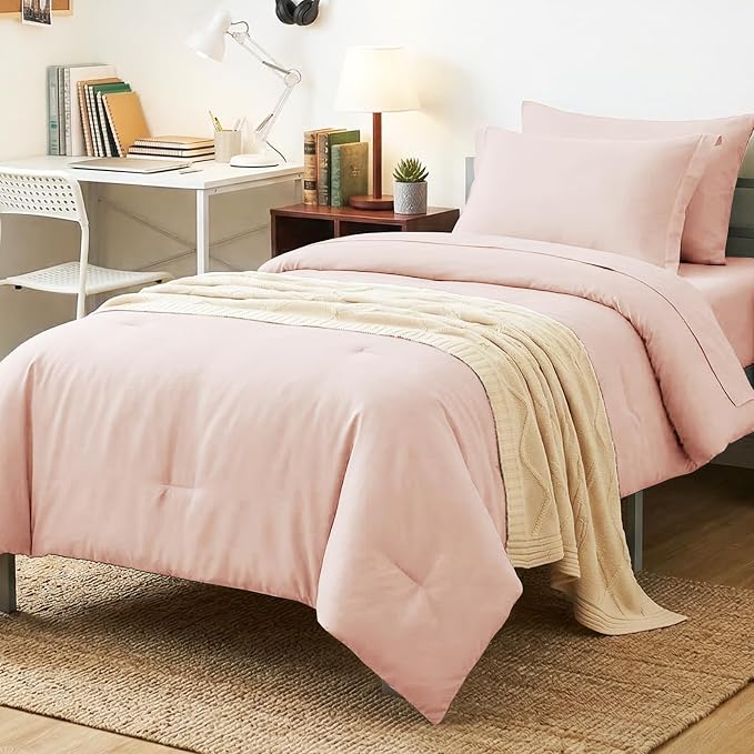 Twin XL Comforter Blush Pink, 5 Pieces Bed in a Bag | College Dorm Essentials, OEKO-TEX Certified, 240GSM Down Alternative Comforter, Flat & Fitted Sheets, Pillowcase & Sham