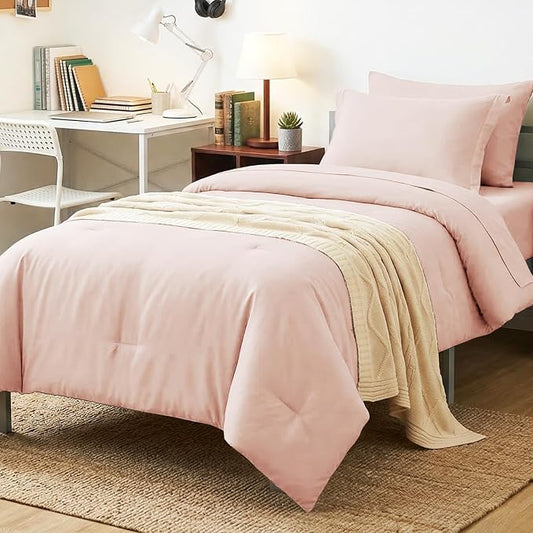 Twin XL Comforter Blush Pink, 5 Pieces Bed in a Bag | College Dorm Essentials, OEKO-TEX Certified, 240GSM Down Alternative Comforter, Flat & Fitted Sheets, Pillowcase & Sham