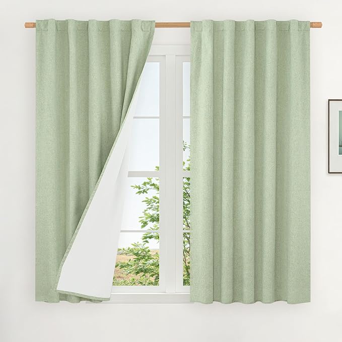 Natural 100% Blackout Linen Curtains 54 Inches with White Liner | Light Green, Thermal Bedroom Curtains, Linen Textured, Neutral Farmhouse Drapes, Rod Pocket Back Tab, 2 Panels, 42 x 54 Inch