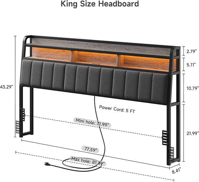 ComfyCorner King Size Headboard with Storage & LED Light, Black & Grey | Upholstered Ergonomic Head Board with Power Outlets & 2-Tier Storage, King Headboard Only, Bed Frame Mounting, Heavy Duty
