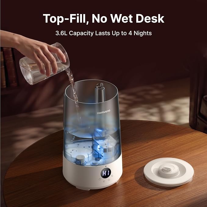 Homvana 3.6L Top-Fill Cool Mist Humidifiers for Bedroom, Large Room(Grey) | 23dB Quiet, Easy-to-Clean 2-in-1 Baby Humidifier & Oil Diffuser for Congestion Relief, Last for 4 Night (Grey)