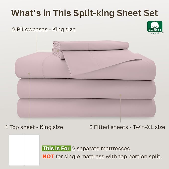 California Design Den 100% Cotton Sateen Split King Bed Sheet Set, 5 Pcs | 500 Thread Count with Good Housekeeping Seal, Split King Sheets Sets for Adj. Bed with 2 Sep. Twin-XL Mattresses - Soft Rose