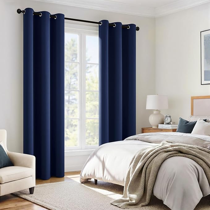 MIULEE Navy Blue 100% Blackout Curtains for Bedroom 90 Inch Long Drapes | 2 Thick Layers Thermal Insulated Window Curtains with Black Liner, Noise Reducing Grommet, Drapes for Living Room, 2 Panels