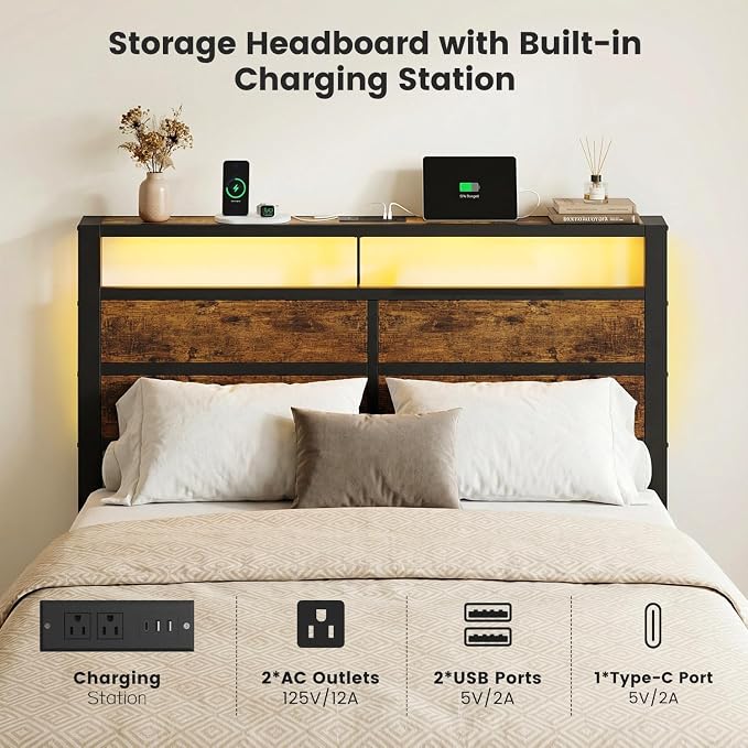 Full Size Metal Bed Frame with Storage Headboard, LED Lights | USB Charging Station , Brown Metal Platform Bed, Sturdy Slats, No Box Spring Needed, Easy Assembly, Noise Free