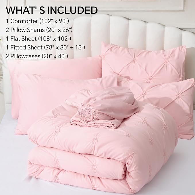 BEDELITE King Comforter Set Baby Pink,Lightweight & Soft Comforter | 7 Pc Boho Bed in a Bag,Warm & Cute Bed Set for All Season,Includes Comforter,Flat & Fitted Sheets,2 Pillowcases & 2 Shams