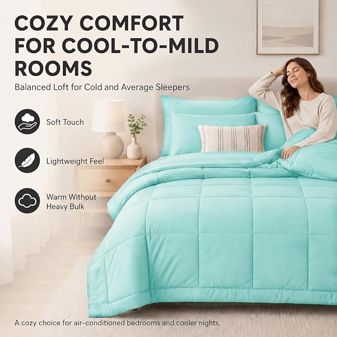 Queen Comforter Set Spa Blue - 7 Pieces Bed in a Bag | OEKO-TEX Certified, All-Season, Bedroom, Guest Room, Down-Alternative Comforter + Flat & Fitted Sheets + 4 Pillowcases
