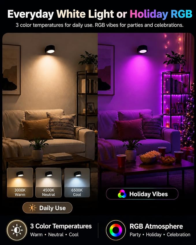 LED Wall Mounted Lights, Rechargeable Wall Sconces, 3 Color Temps, Remote & Touch, 360° Rotating and Dimmable for Bedroom, Bedside & Reading (Black-RGB, 2 Pack)