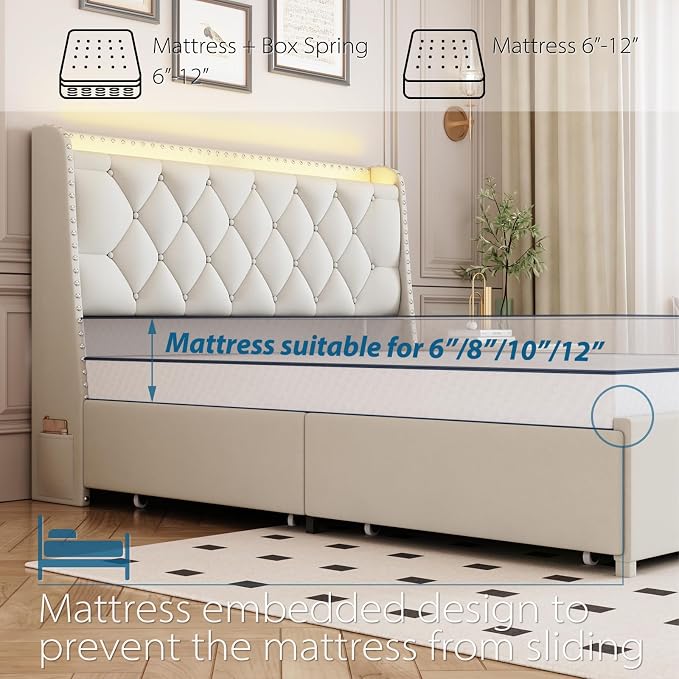 TIGUBFRE Full Size Bed Frame with 4 Drawers and Storage Headboard, Upholstered Tufted Wingback Bed Frame with LED Lights and Charging Station, No Box Spring Needed, Easy Assembly, Noise Free, Beige