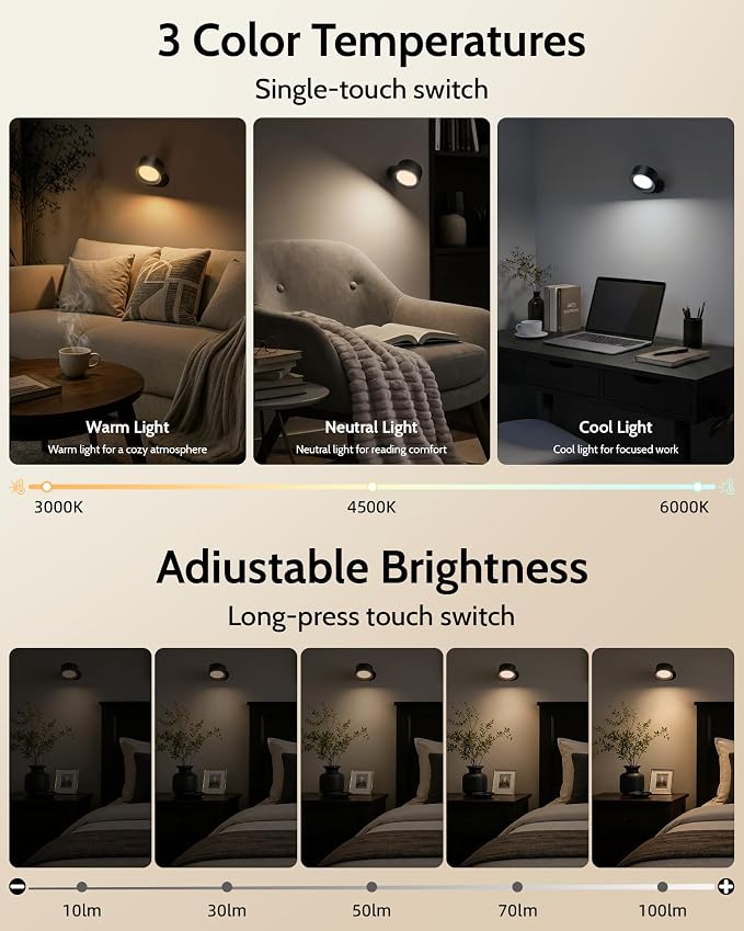 LED Wall Mounted Lights, Rechargeable Wall Sconces, 3 Color Temps, Remote & Touch, 360° Rotating and Dimmable for Bedroom, Bedside & Reading (Black, 3 Pack)