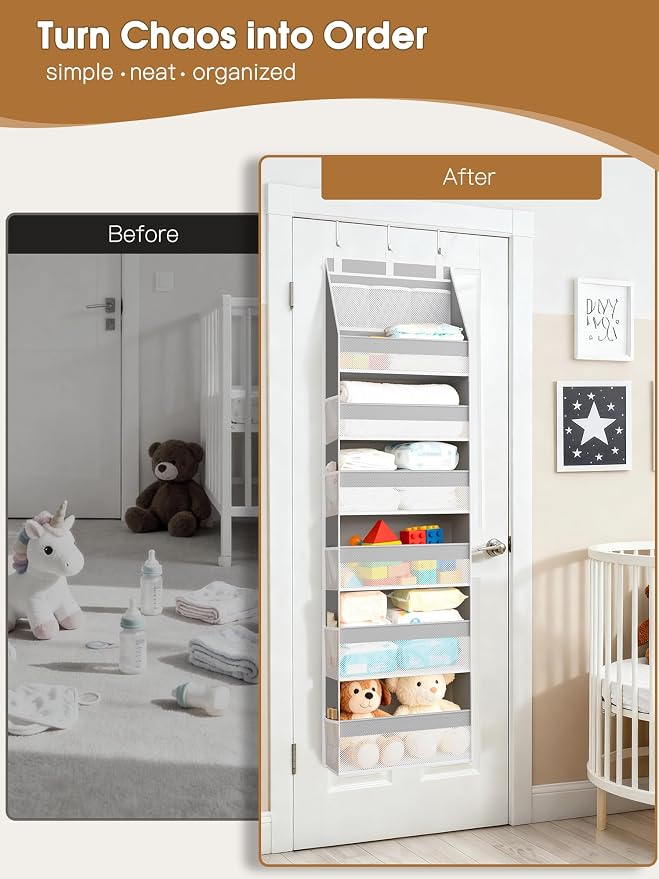 2 Pack Over The Door Organizer, Heavy-Duty 6-Shelf Hanging Storage with 13 Mesh Pockets, 55lbs Capacity Behind The Door Storage for Nursery, Bathroom, Bedroom, and Dorm, Grey
