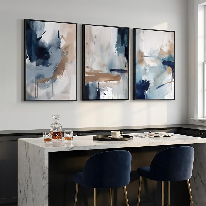 Large Framed Blue Neutral Abstract Wall Art for Living Room, 3 Piece 24x36 | Minimalist picture, Canvas prints, Wood frame, Modern wall painting, Artwork for walls, Wall decor for bedroom dining hallway