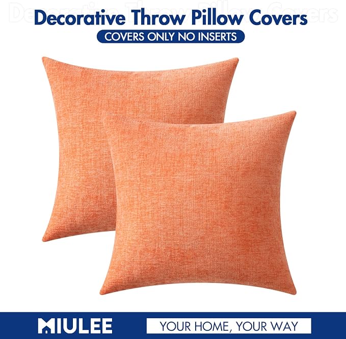 MIULEE Soft Chenille Throw Pillow Covers Coral Red 18x18 Inch Pack of 2 | Modern Home Decor, Classic Decorative Pillows, Solid Dyed Cases, Boho Couch Cushion Covers for Sofa Bed Living Room