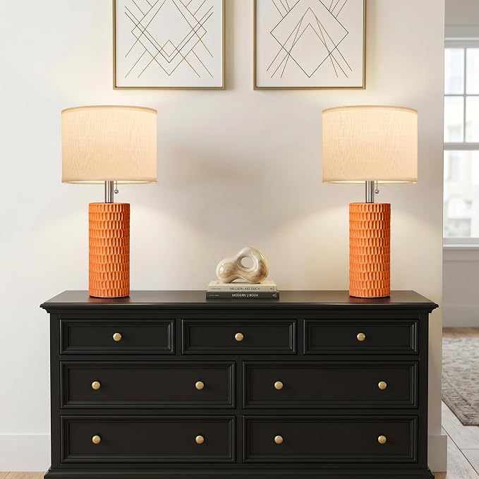 Reaketon 20” Modern Table Lamps Set of 2, Lamps for Bedroom, Orange | Ceramic Table Lamps for Nightstands, Small Table Lamps for Living Room, Bedside, End Table, Kids Room, Pull Chain Switch