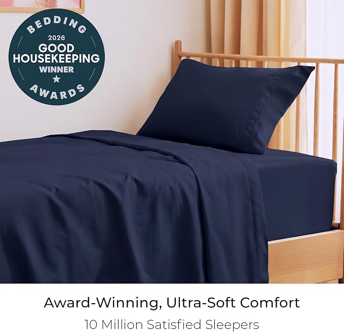 Mellanni Iconic 3-Piece, Ultra Soft Sheet Set (Twin, Navy Blue) | 10M+ Sleepers. Lab-tested: Sleeps Cool, Stays Bright, Strong, Smooth. Good Housekeeping Best Bedding, 7 yrs running.