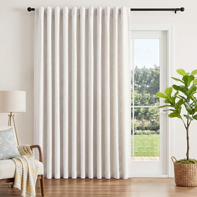 INOVADAY Extra Wide 100% Blackout Linen Curtains for Bedroom 102x108 Beige | Linen Textured, Light Blocking, Room Darkening, Thermal Insulated, Back Tab Top, Window Curtains for Sliding Door, 1 Panel