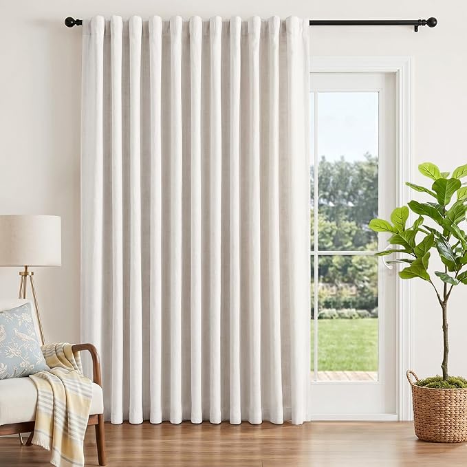 INOVADAY Extra Wide 100% Blackout Linen Curtains for Bedroom 102x96 Beige | Linen Textured, Light Blocking, Room Darkening, Thermal Insulated, Back Tab Top, Window Curtains for Sliding Door, 1 Panel
