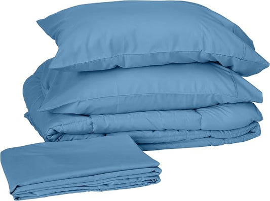 Sweet Home Collection 7 Piece Comforter Set Bag Solid Color All Season Soft Down Alternative Blanket & Luxurious Microfiber Bed Sheets, Denim, Twin XL