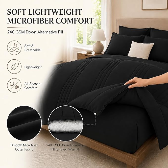 Twin XL Comforter Set, Ultra-Soft Bed in a Bag Twin XL Size 5 Pieces, Dorm Room Essentials for Boys, Bedding Set with Down Alternative Comforter, Sheets, Pillowcases & Shams, Black