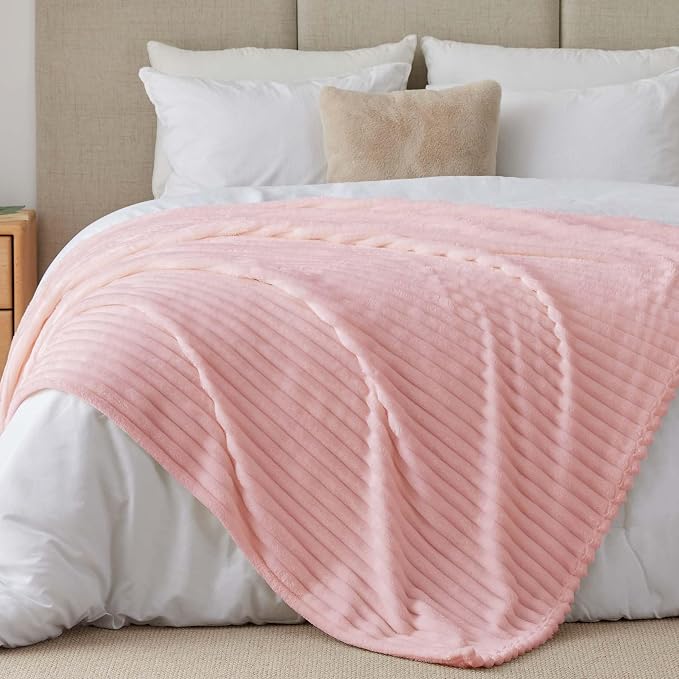 BEDELITE King Size Blanket for Bed, 300GSM Soft & Warm Fleece Blanket, Decorative and Giftable Striped Pink Blankets for Women, Men, 108"x90"