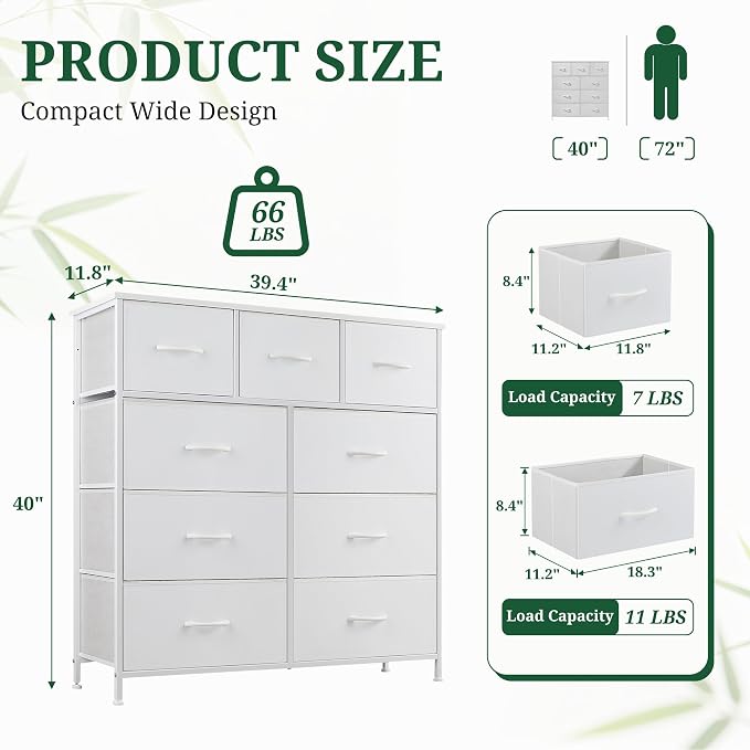 9-Drawer Dresser for Bedroom, Anti-Tip Tall Storage Organizer | Chest of Drawers with Wooden Top and Metal Frame Fabric Bins for Closet, Living Room, Hallway, Entryway, Ivory White