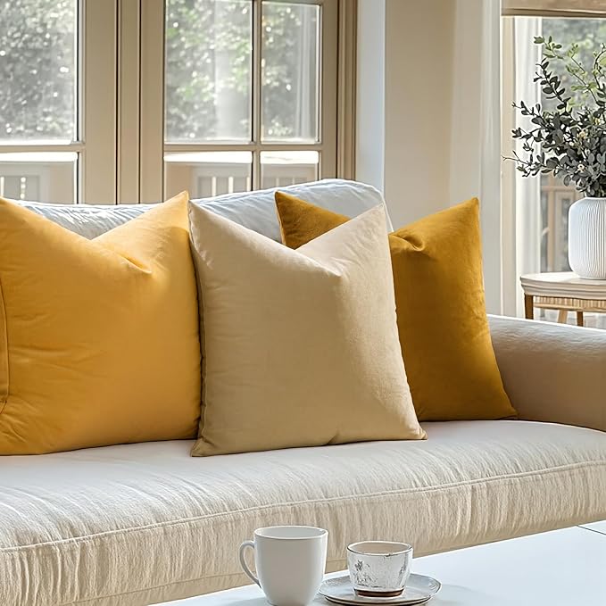 MIULEE 24x24 Inch Pack of 2 Euro Velvet Throw Pillow Covers Mustard Yellow | Soft Solid Decorative Euro Sham, Modern Luxury Home Decor, for King Bed Sofa Couch Bedroom Livingroom