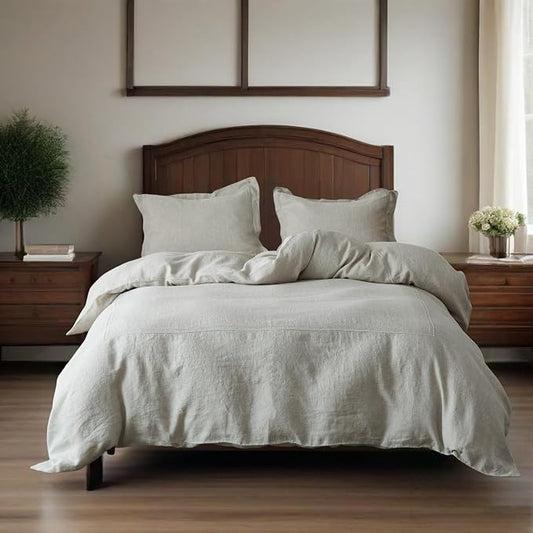 Simple&Opulence 100% Washed Linen Duvet Cover Set 88"x92" - 3 Pieces Soft Farmhouse Comforter Set Double Embroidered with Button Closure - 1 Duvet Cover and 2 Pillowshams (Linen, Queen)