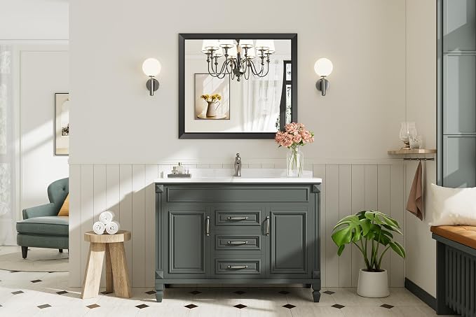 Black Metal Framed Bathroom Wall Mirror, 36x32 Inch | Anti-rust, HD tempered glass, for bathroom vanity, bedroom, living room, horizontal or vertical mount